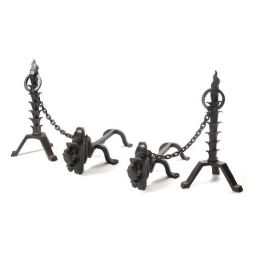 Wrought Iron Spiked Posts and Chained Dog Andirons from Sweden