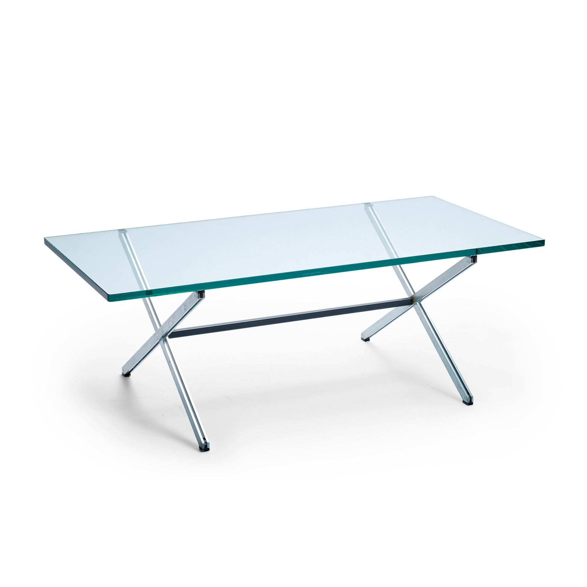 X Base Parallel Bar Glass Top Low Table by Florence Knoll for Knoll