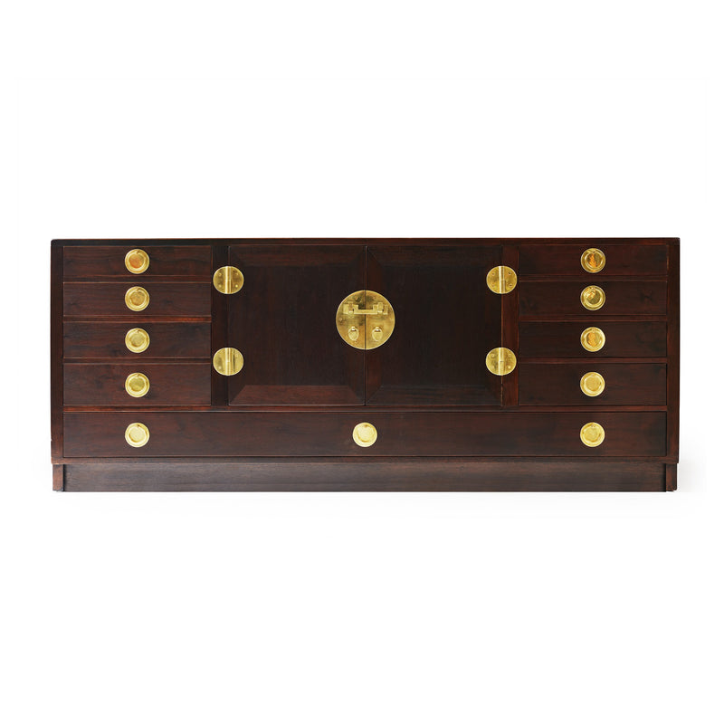 Modernist sideboard cabinet with unique bronze hardware. by Edward Wormley for Dunbar