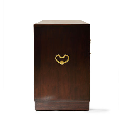 Modernist sideboard cabinet with unique bronze hardware. by Edward Wormley for Dunbar