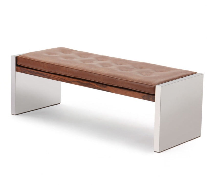 A Stainless Steel Rosewood and Leather Bench by Roger Sprunger for Dunbar