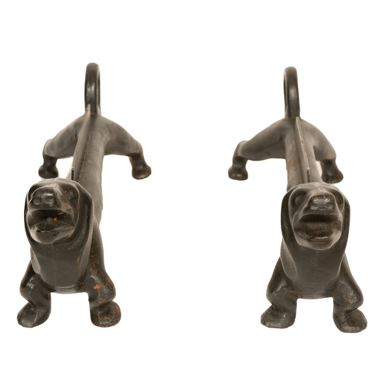 A Pair of Cast and Wrought Iron Dachshund Andirons or Boot Scrapers