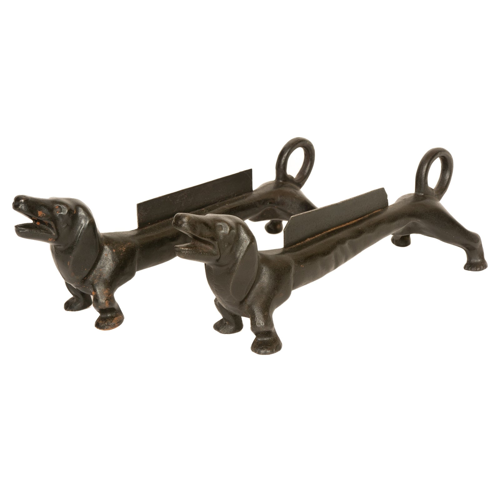 A Pair of Cast and Wrought Iron Dachshund Andirons or Boot Scrapers