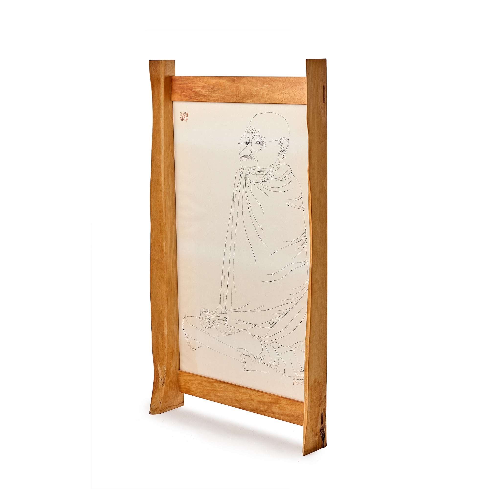 Cherry Natural Edge Frame w/ Ben Shahn's 'Ghandi'Serigraph by George Nakashima for George Nakashima Studio, 1960's