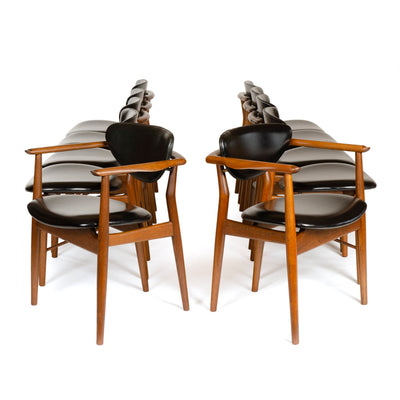 A Set of Six Teak and Black Leather '53' Dining Chairs by Finn Juhl for Niels Vodder Cabinetmaker, 1953