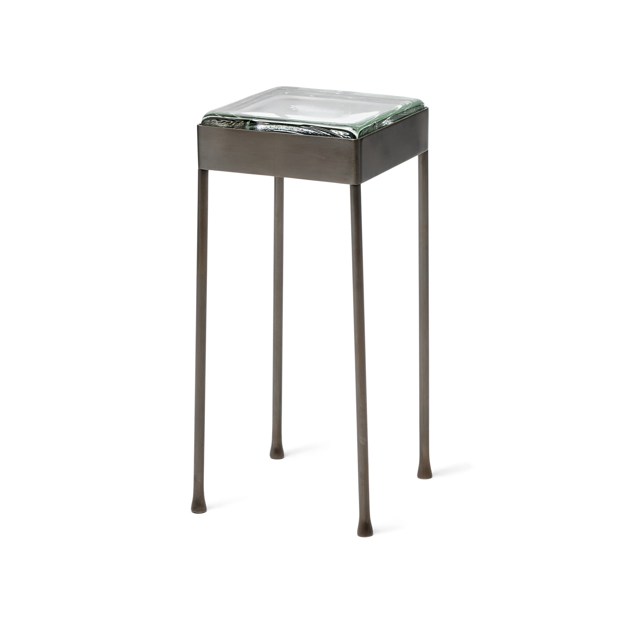 Glass Block Cocktail Table in Blackened Polished Stainless Steel with Round Legs by WYETH