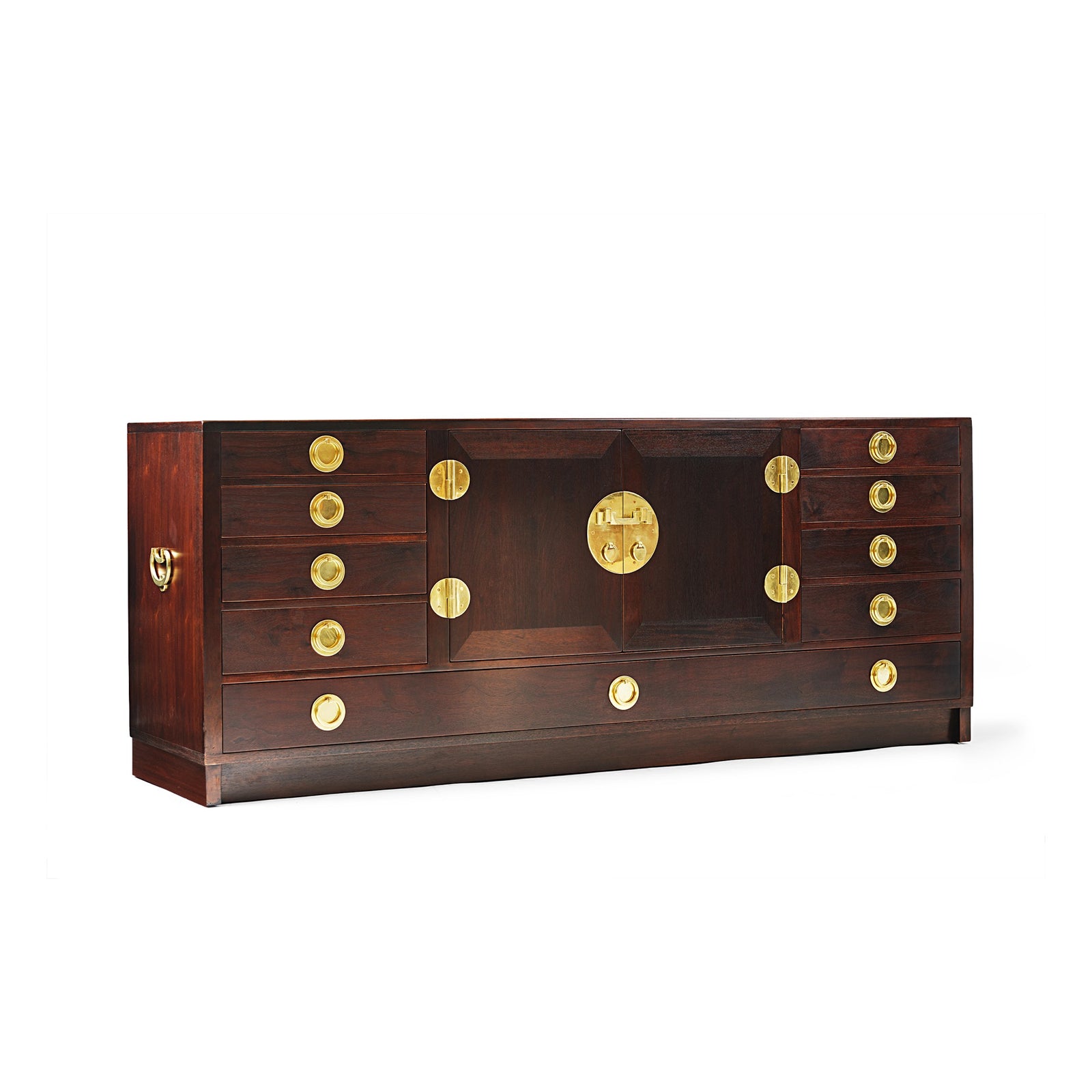 Modernist sideboard cabinet with unique bronze hardware. by Edward Wormley for Dunbar - WYETH