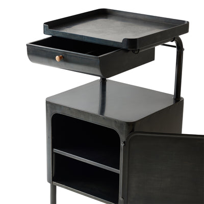 Blackened Steel Utility Table with drawer and storage cabinet