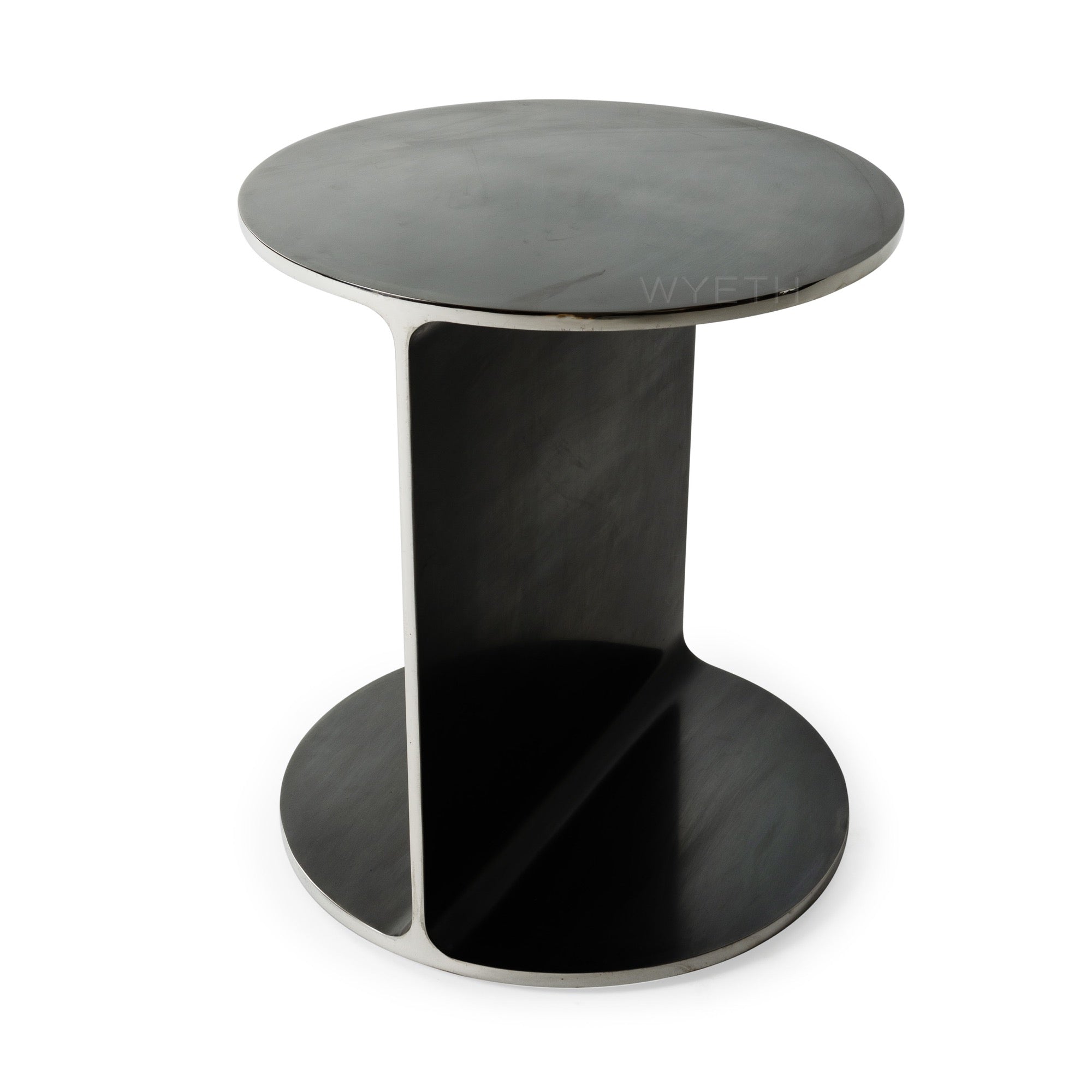 ‘Round I-Beam’ Side Table in Blackened Stainless Steel with Polished Edges by WYETH, Made to Order